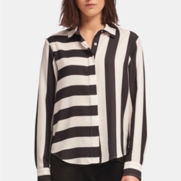 DKNY Long Sleeve Button Blouse Top Abstract Black White silky size small - Picture 1 of 8